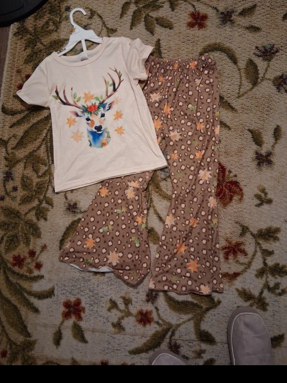 Girls Cream Deer Graphic Top with flare leg Pants